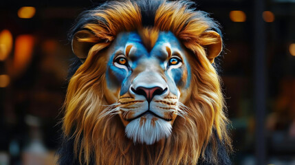 A majestic lion with striking blue markings stares intently at the camera.