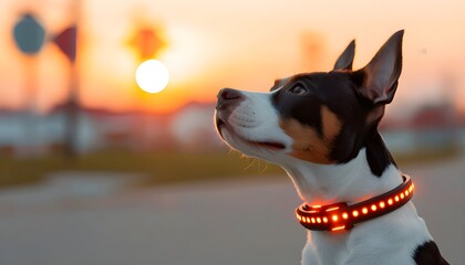 Wall Mural - Black and white dog with glowing collar gazing at a vibrant sunset