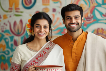 Sticker - A happy Indian couple holding the Pongal pot and wearing traditional attire, with an abstract background