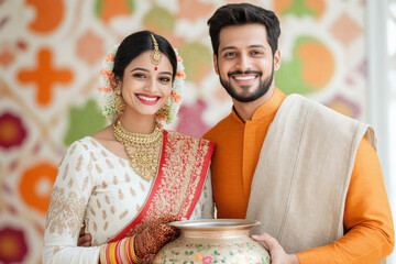 Canvas Print - A happy Indian couple holding the Pongal pot and wearing traditional attire, with an abstract background