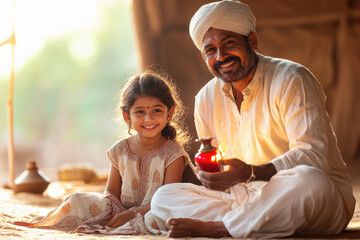 Wall Mural - happy indian father with daughter holding oil lamp