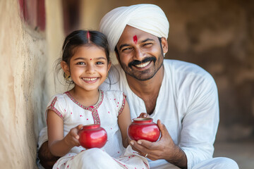 Wall Mural - happy indian father with daughter holding oil lamp