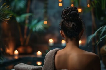 Sticker - A woman with a bun on her head is sitting in a bathtub with candles lit around h