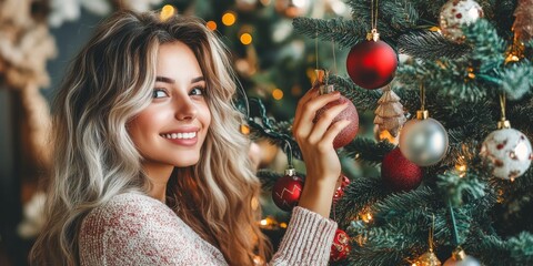 Canvas Print - A woman is holding a red ornament on a Christmas tree