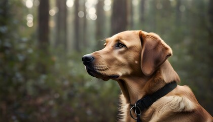 Wall Mural - Golden retriever gazing thoughtfully in a serene forest, adorned with a classic black collar