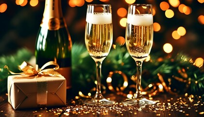 Sparkling New Year Celebration with Champagne, Festive Gift Boxes, and Colorful Confetti