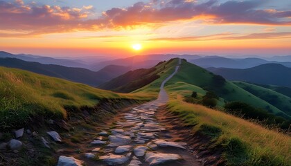 Wall Mural - serene pathway winding to the hills under a breathtaking sunset