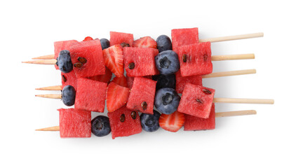 Canvas Print - Skewers with tasty watermelon, blueberries and strawberries isolated on white, top view