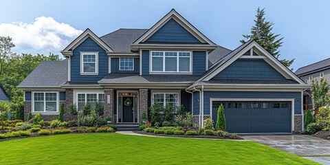 A two-story house with a blue exterior and a spacious front lawn, showcasing a well-maintained landscape with lush greenery and a stone-accented facade