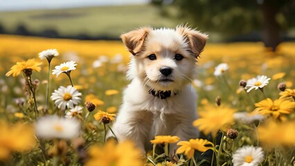 Puppy in the daisies field