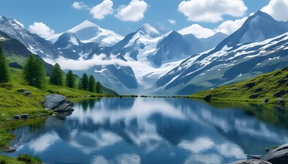 Wall Mural - Serene Reflection of Majestic Peaks in Crystal Clear Mountain Lake