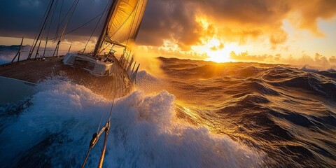 Wall Mural - A stunning sunset illuminates the ocean waves as a sailboat navigates through the water. The dramatic colors create a breathtaking atmosphere. Perfect for adventure and travel themes. AI