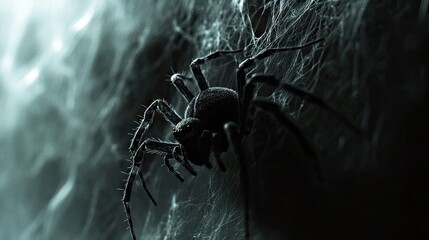 A spider crawling on a cobweb in a dimly lit corner, with ample space in the background for text or copy.