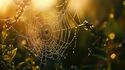 A spider intricate web glistening with dew in the morning light, with plenty of open space around for adding copy. -