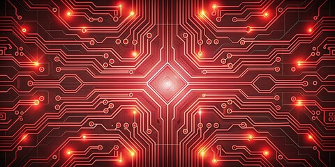 Wall Mural - Intricate circuit pattern with neon red light panoramic