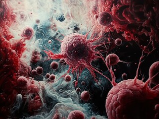 Wall Mural - abstract cell painting: a microscopic journey into the world of biology