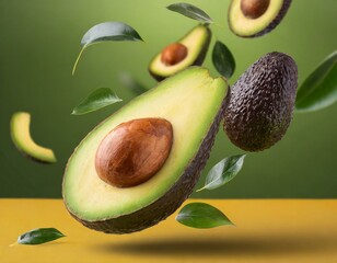 fresh ripe avocado falling in the air isolated on yellow background