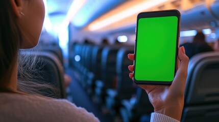 A person holding a smartphone with a green screen on an airplane.