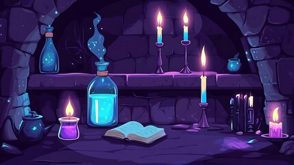 Mystical Potion and Candles on Stone Shelf in Dark Room