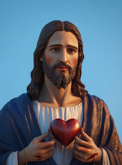 Jesus Christ, sacred heart, blue background, holy light behind his head, hand outstretched to the viewer with fingers up and palm facing upwards