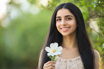 Wall Mural - Young beautiful indian woman holding white flower in hand