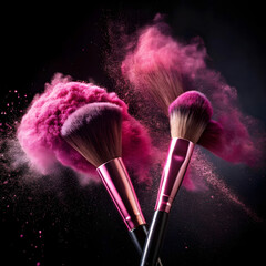 blusher brushes scattering pink powder on black background