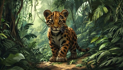 Wall Mural - Curious Big Cat Cubs Adventuring Through Verdant Jungle Wilderness Under the Watchful Eyes of Natures Guardians