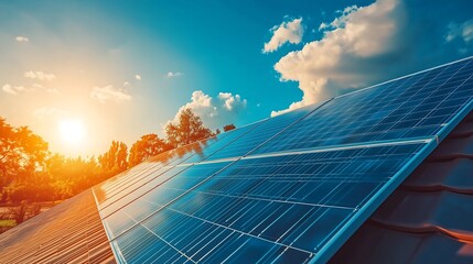 Solar-powered home with advanced solar panel setup on the roof, blue sunny sky