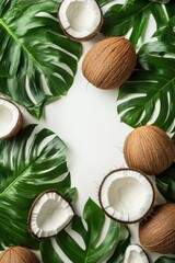 Coconut fruit leaf border background template with copy space