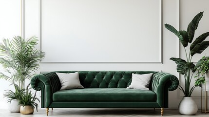 Wall Mural - Cozy and chic living room interior, white walls for mockup, dark green sofa 