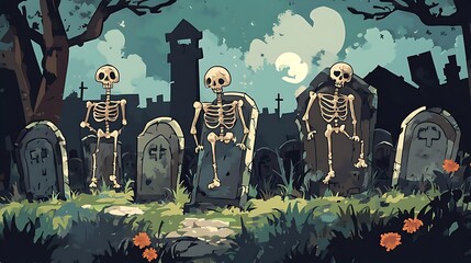 Skeletons Standing on Tombstones in Graveyard at Night