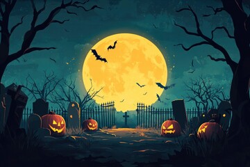 Wall Mural - Haunted background with illustrations of pumpkins, a cemetery and bats in the middle of a full moon. Premium illustration for banners, posters, greetings and Halloween celebrations - generative ai