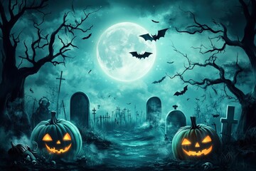 Wall Mural - Haunted background with illustrations of pumpkins, a cemetery and bats in the middle of a full moon. Premium illustration for banners, posters, greetings and Halloween celebrations - generative ai