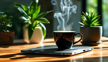 Wall Mural - Energizing Coffee Cup Sparks Creativity on Minimalist Office Desk with Laptop and Lush Greenery