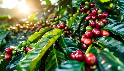 Wall Mural - Sustainable Coffee Farming in a Lush Landscape with Abundant Harvests Under Radiant Sunlight