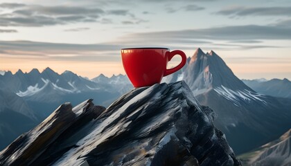 Wall Mural - Adventure and Solitude Captured in a Red Coffee Cup on a Majestic Mountain Peak