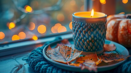 Wall Mural - Candle in a ceramic cup on a plate with autumn leaves and a pumpkin near a window, closeup view, bokeh lights