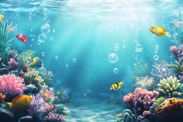 A vibrant underwater scene with colorful coral and tropical fish.