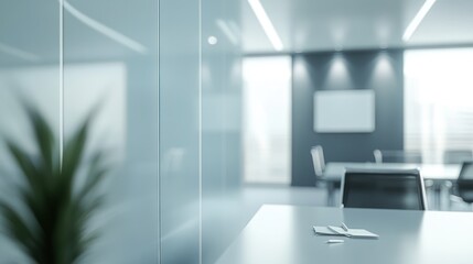 A modern office interior with a conference table and blurred background.