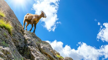 Canvas Print - A mountain goat stands on rocky terrain under a bright blue sky with clouds.