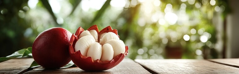 Poster - A vibrant display of lychee fruit and a red egg on a wooden surface, set in a natural environment.