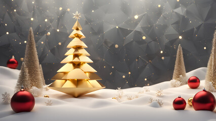 3D rendering of a modern Christmas scene with a sleek, minimalist design.
