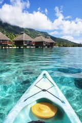 Wall Mural - Kayak boat in tropical sea water with coconut trees Bungalows