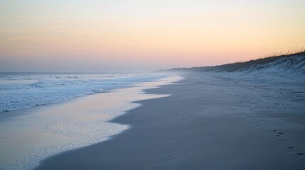 Wall Mural - A serene beach scene at sunset, with soft waves crashing on the shore and a hazy sky.