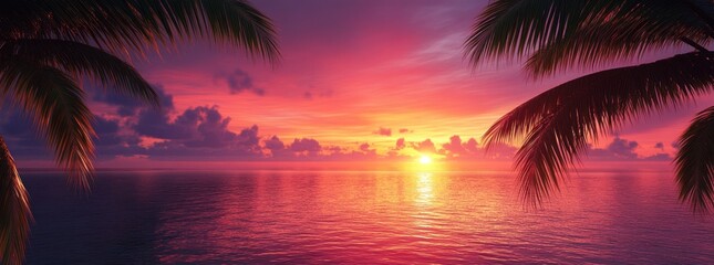 Poster - A vibrant sunset over the ocean with palm trees framing the scene.