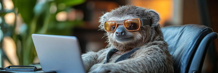 Canvas Print - A sloth wearing sunglasses sits in an office chair using a laptop.