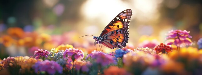 Poster - A vibrant butterfly perched on colorful flowers in a sunlit garden.