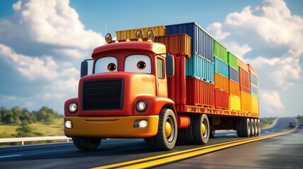 Canvas Print - A cheerful cartoon truck loaded with colorful containers driving on a sunny road.