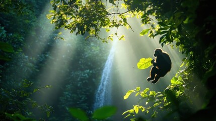 Wall Mural - A monkey sits on a branch in a lush forest, illuminated by sunlight and a waterfall.