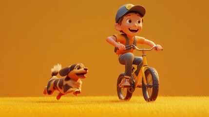 Canvas Print - A joyful boy rides a bicycle with a playful dog beside him against a bright yellow background.